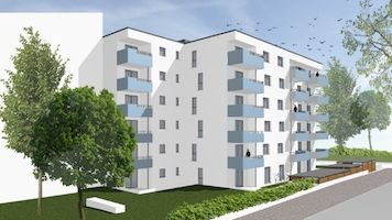Visualisierung eines Neubauprojekts: Genossenschaftliche Mietwohnungen mit privaten Balkonen und Terrassen